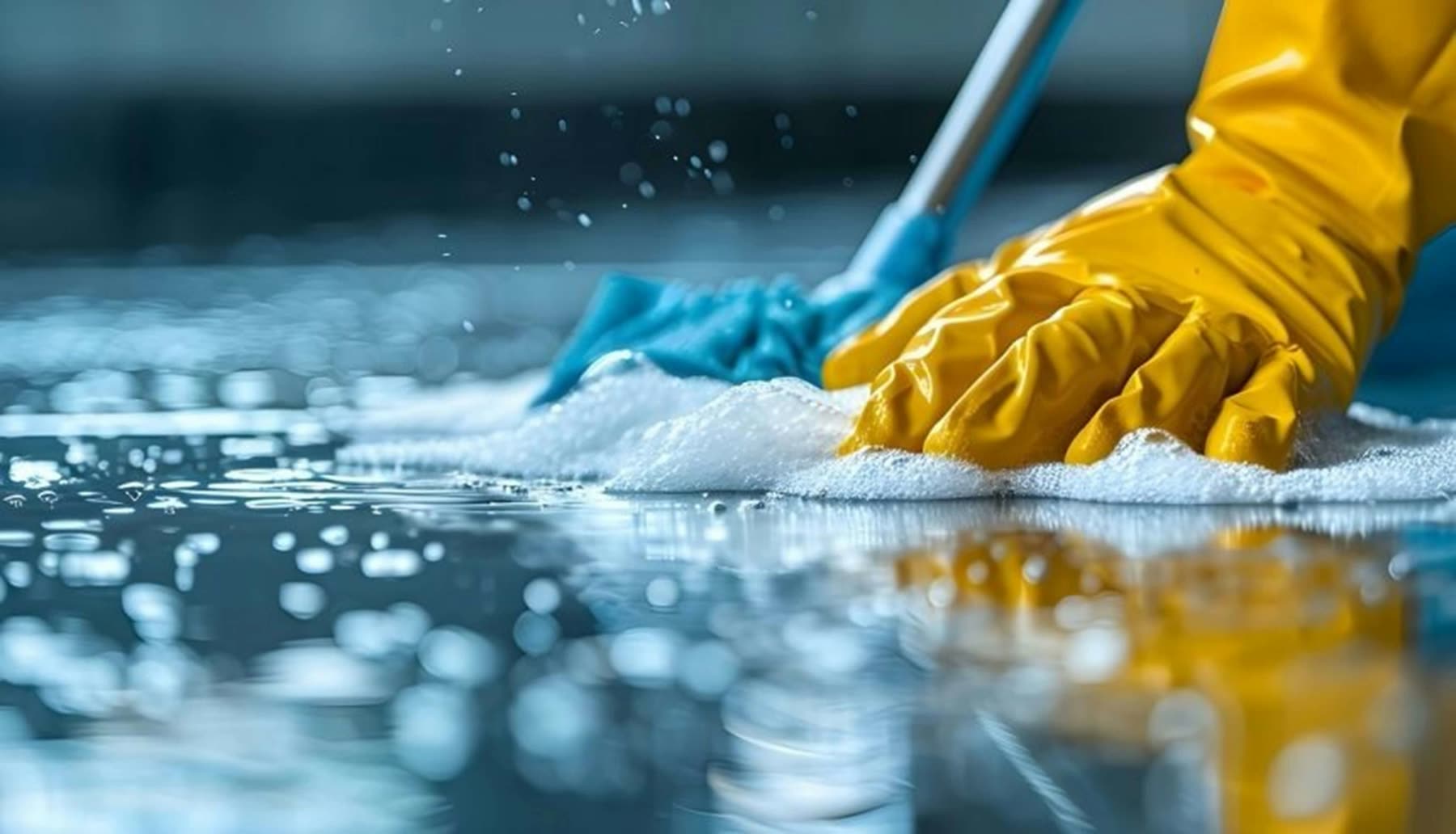 Gloved hands scrubbing an industrial factory floor